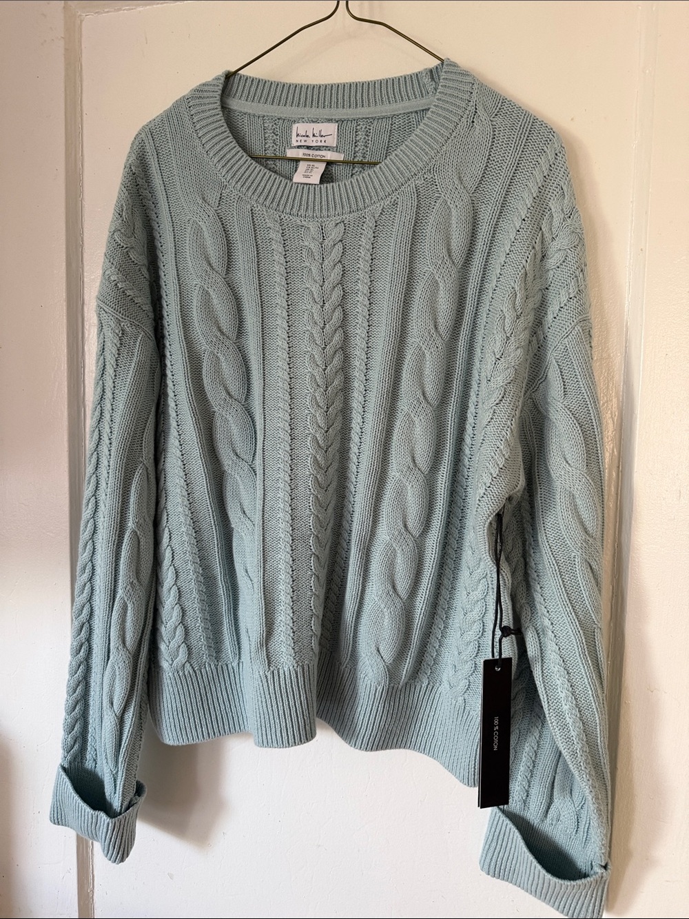 Nicole Miller Mint Blue Cable Knit Crewneck Sweater
